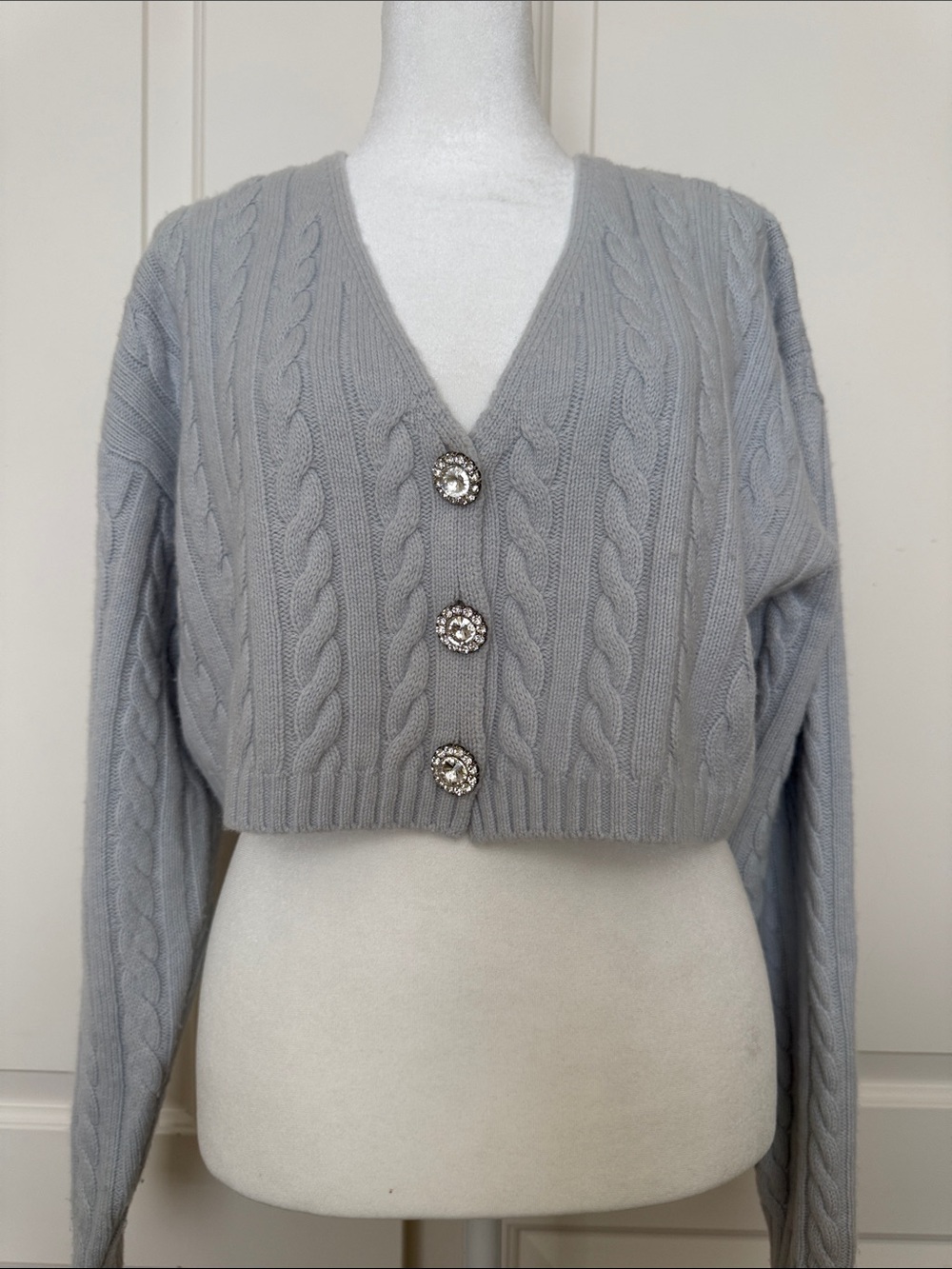 Gray Cable-Knit Cropped Cardigan Sweater with Jewel Buttons Wool Cashmere Size S